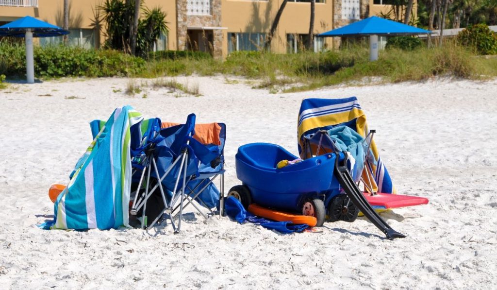 beach items stored in the under frame storage of an RV